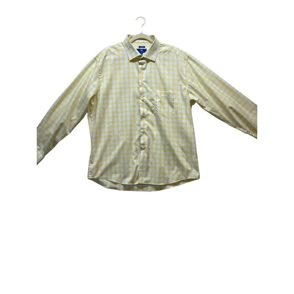 EGARA Button Down Long Sleeve Shirt Non-Iron Cotton Yellow White Plaid Size XXL